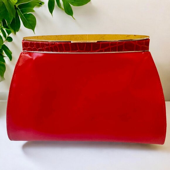Perry Ellis Red Leather Vintage Clutch Handbag Chrome Croc Print Italy - Picture 2 of 15